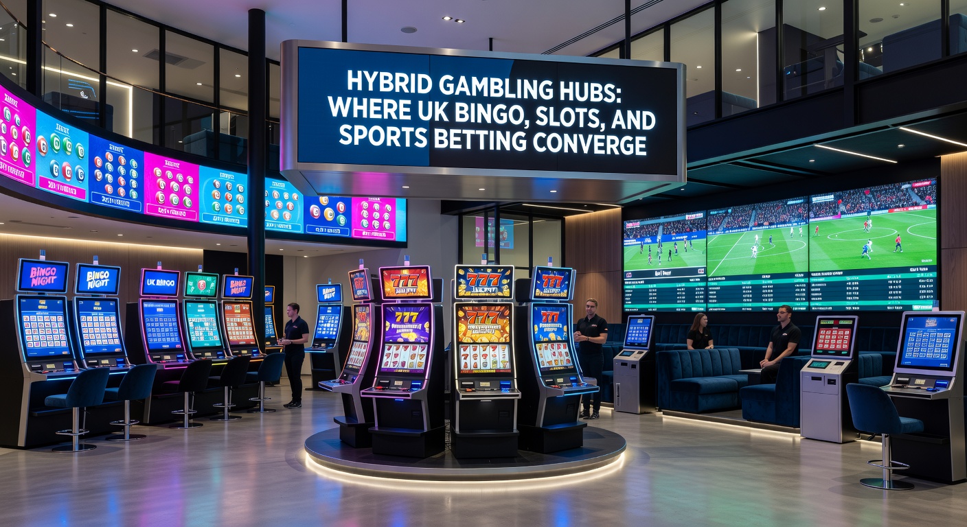 Vibrant digital interface showing bingo cards, slot reels spinning, and live sports betting odds converging on a single platform