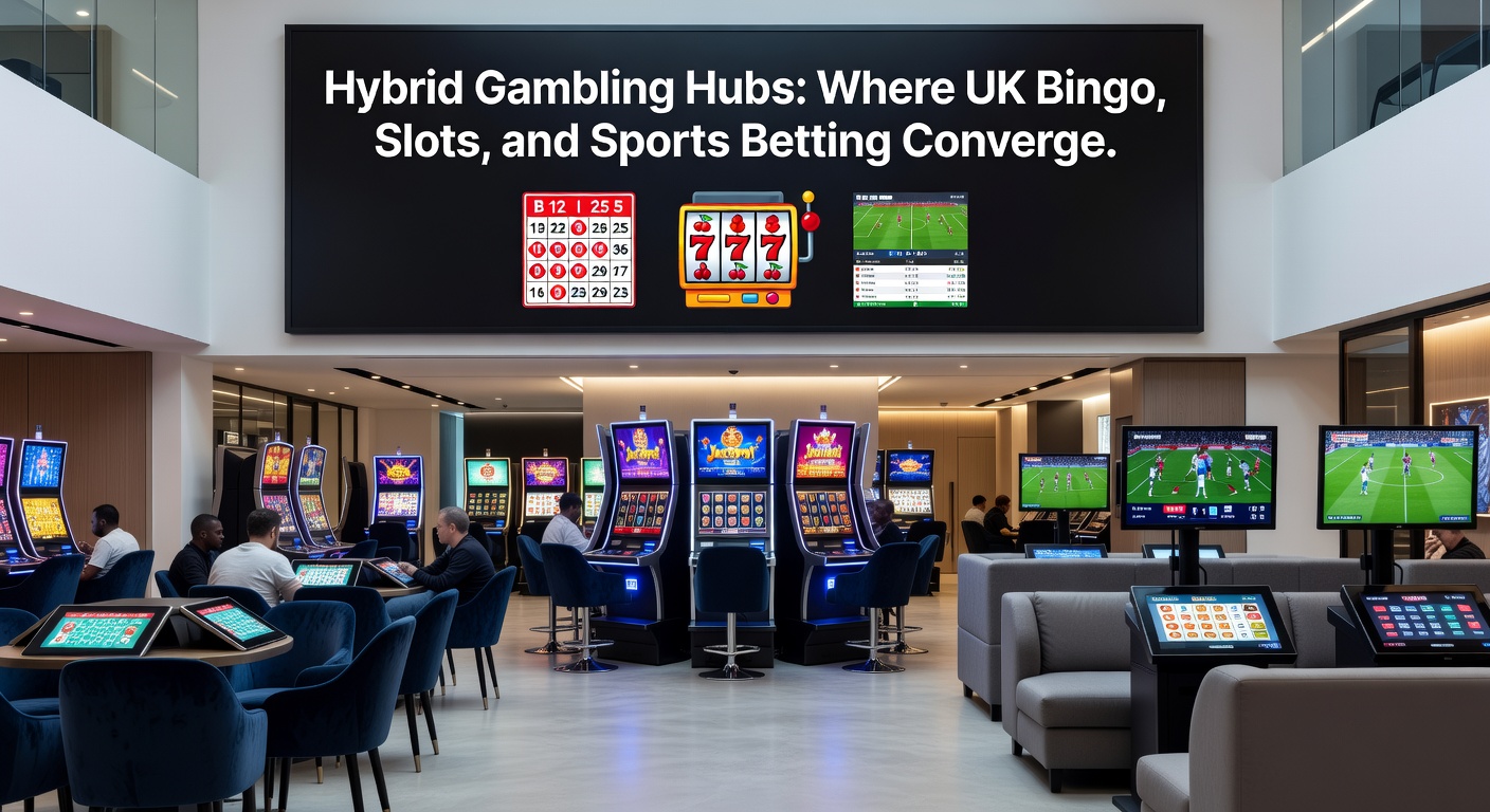Diverse group of UK players on mobile devices engaging with bingo, slots, and sports betting features in a hybrid app environment