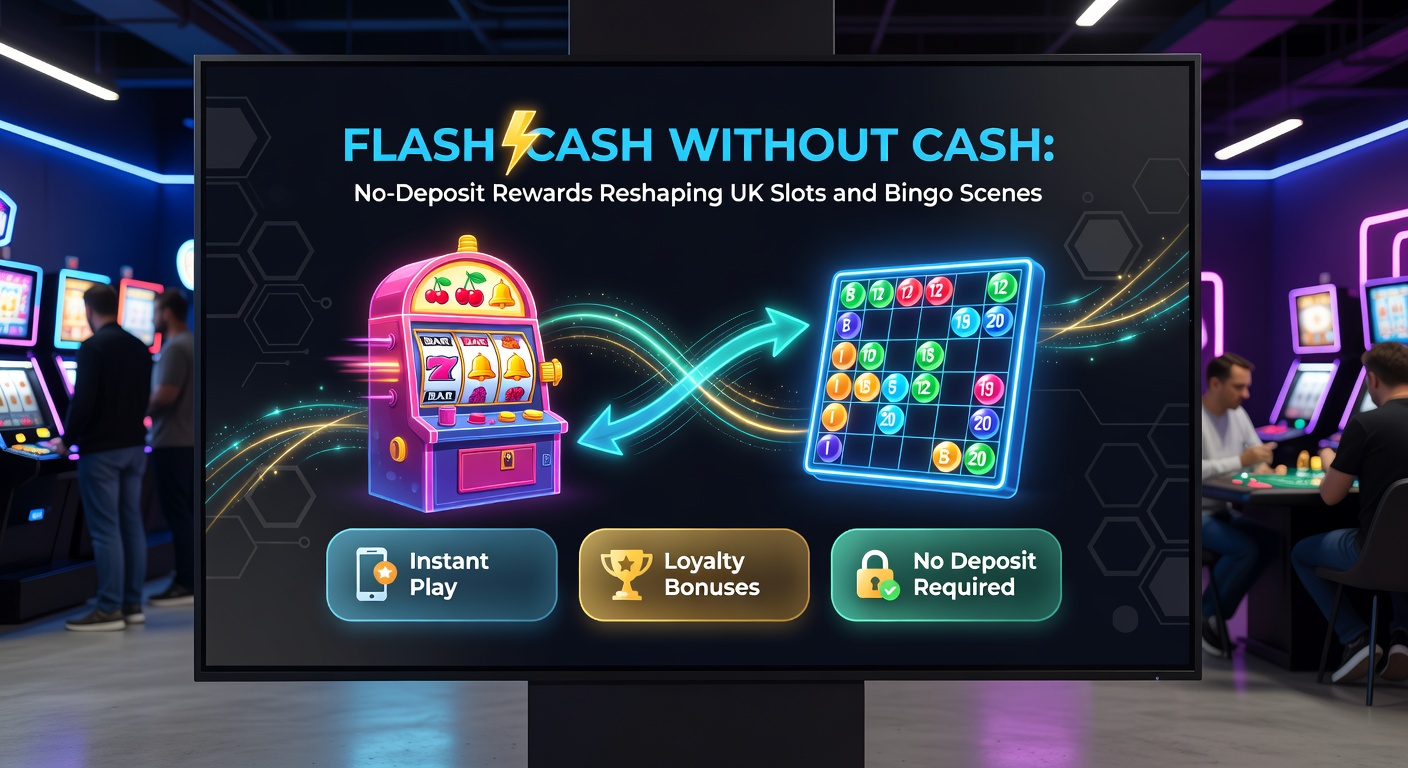 Dynamic graphic of bingo balls and slot symbols exploding with free bonus cash, highlighting no-deposit promotions on UK gaming platforms