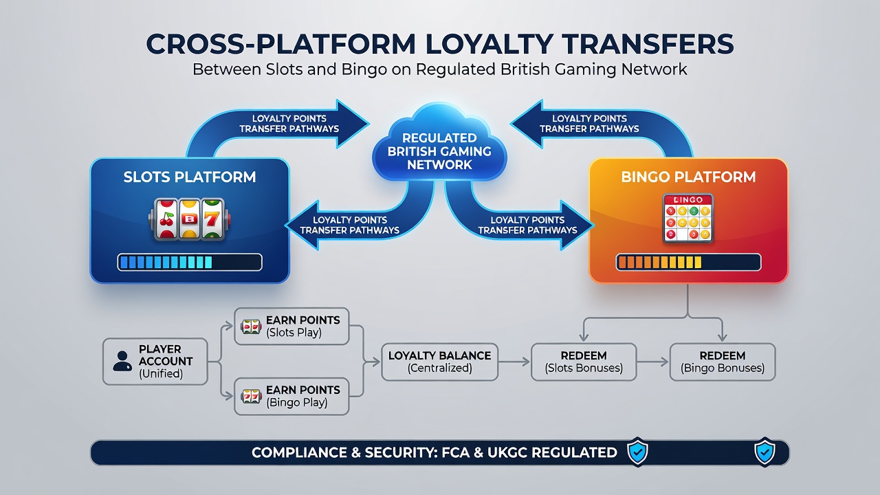 Diagram depicting data flow for cross-platform loyalty points between slots machines and bingo halls in UK regulated environments