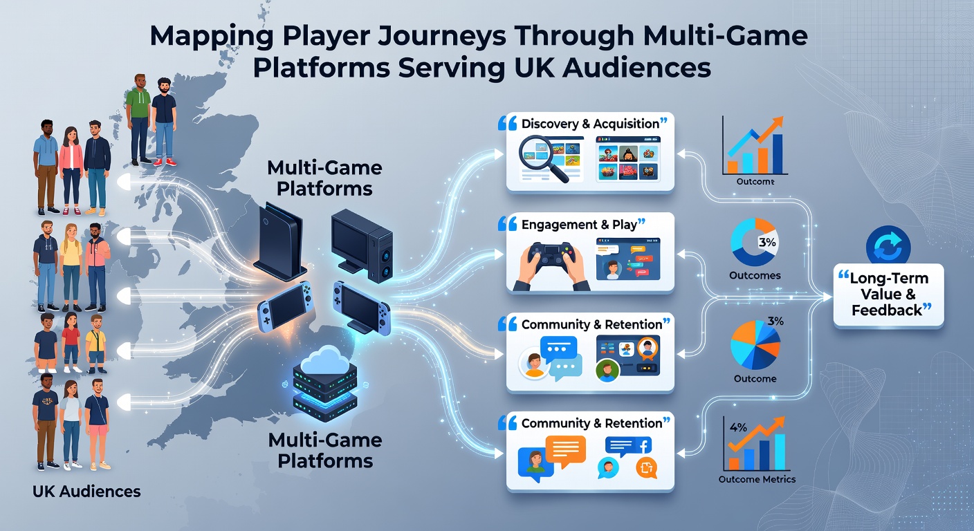 Infographic showing player journey stages across slots, bingo and sports betting with flow arrows and engagement metrics