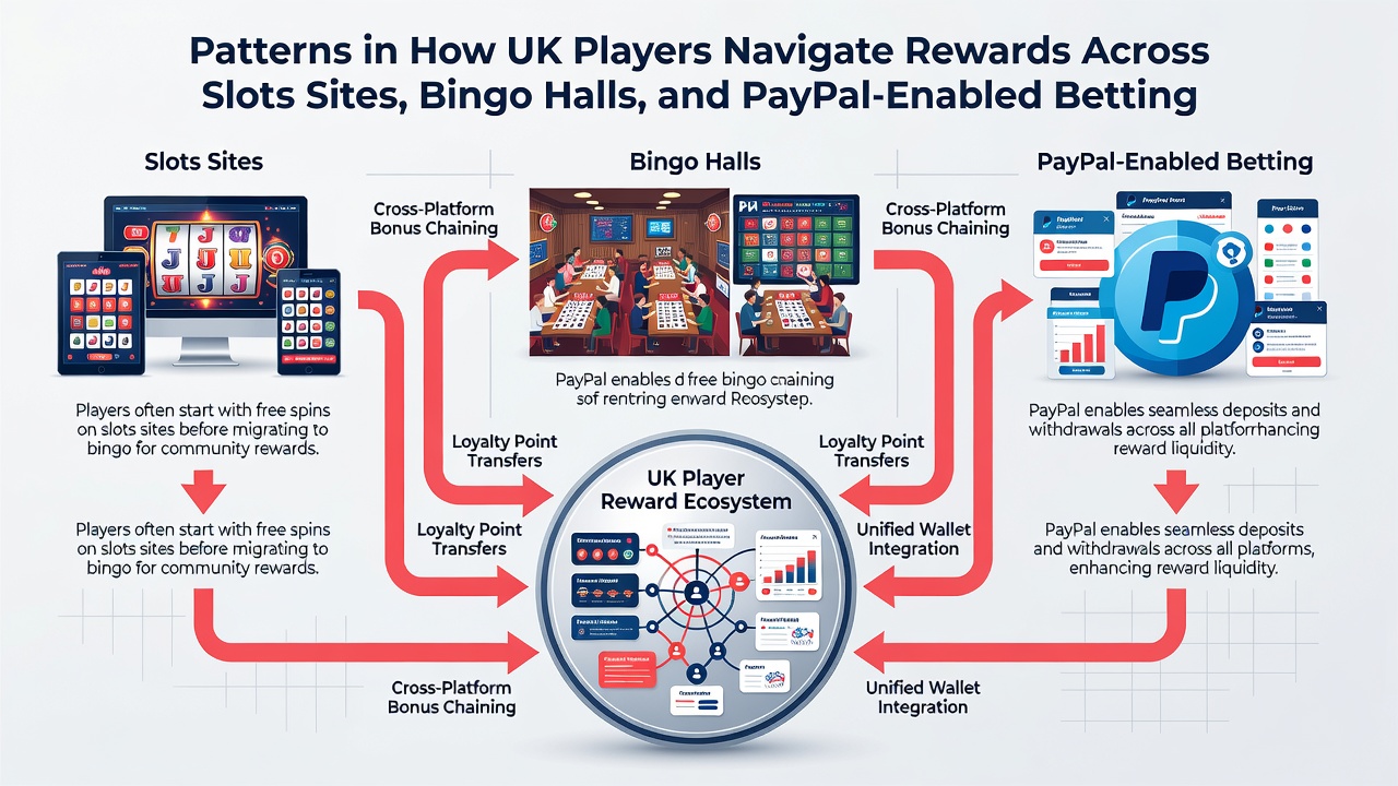Illustration of reward navigation flows connecting UK slots, bingo, and PayPal betting activities