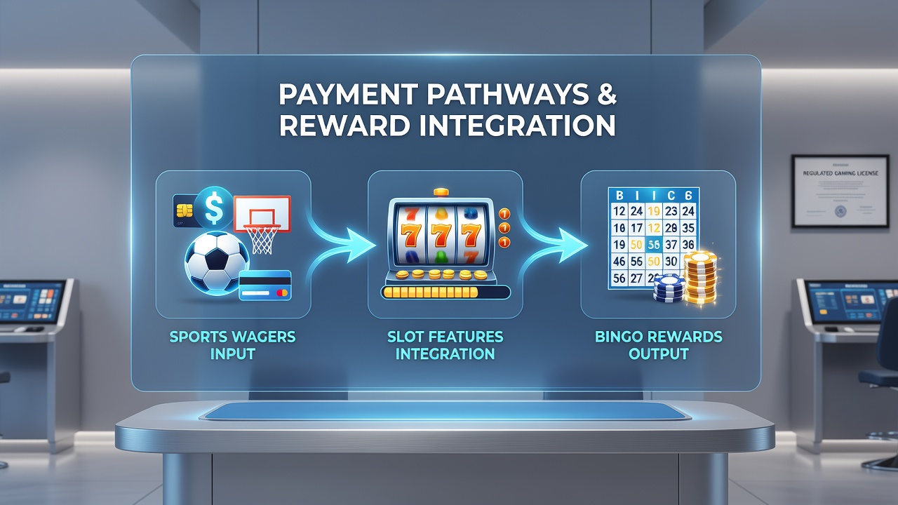 Screenshot of a regulated gaming dashboard showing unified wallet balance with transfer options between sports, slots, and bingo sections