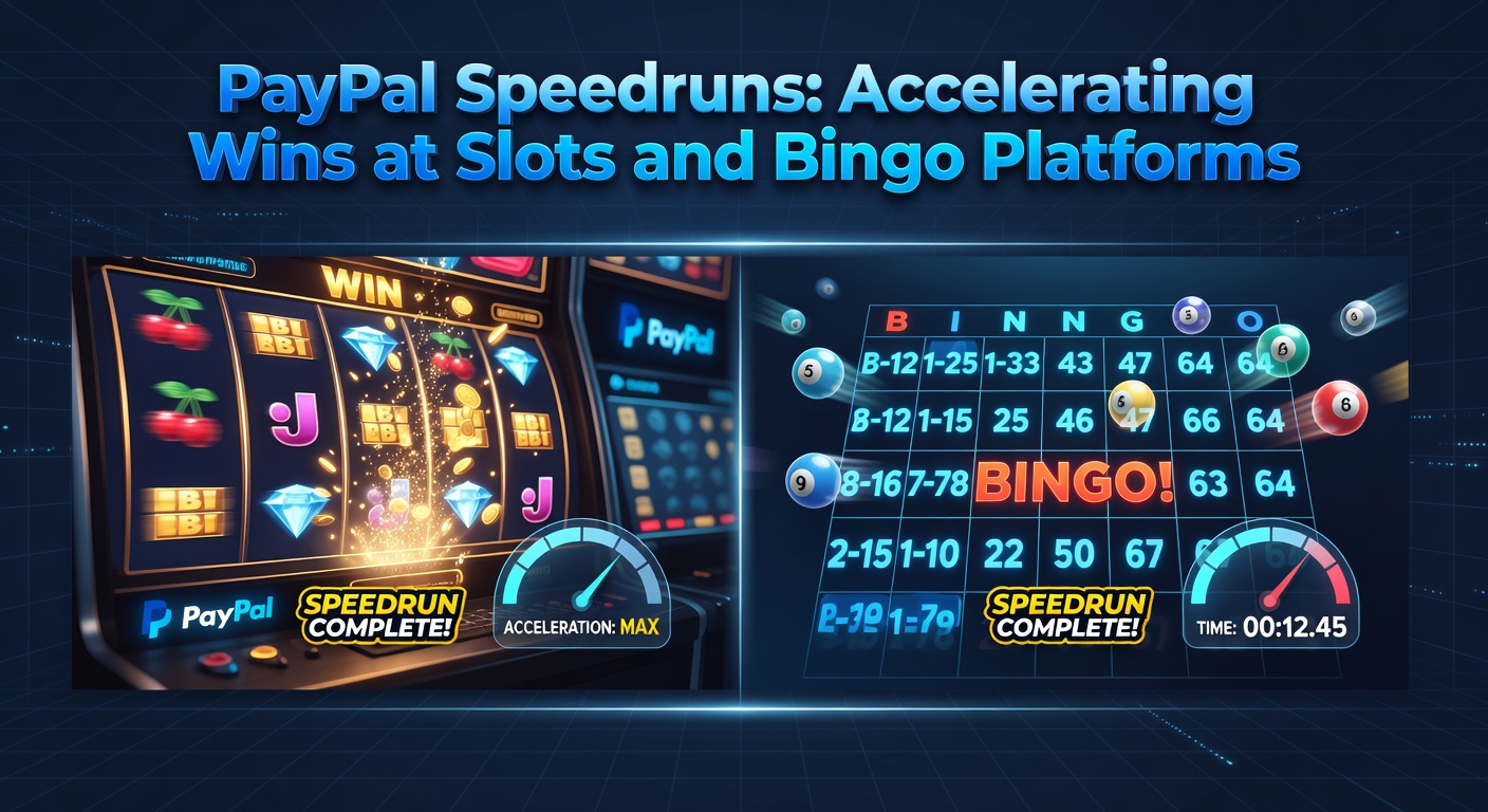 Vibrant scene of PayPal logo speeding through bingo halls and slot reels, highlighting fast payouts and wins