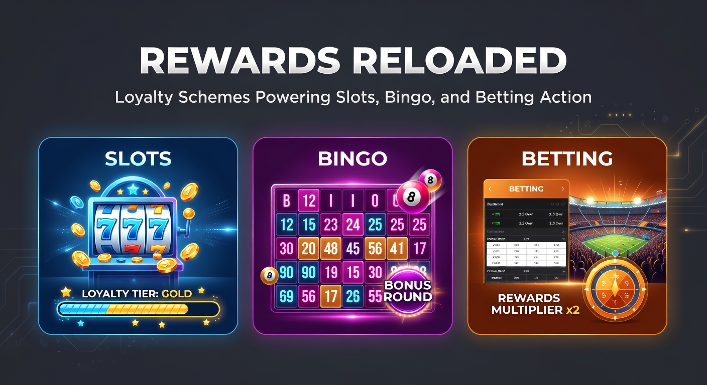 Dynamic graphic illustrating bingo loyalty rewards, with icons for free rooms, bonus daubers, and tier progression amid colorful bingo cards