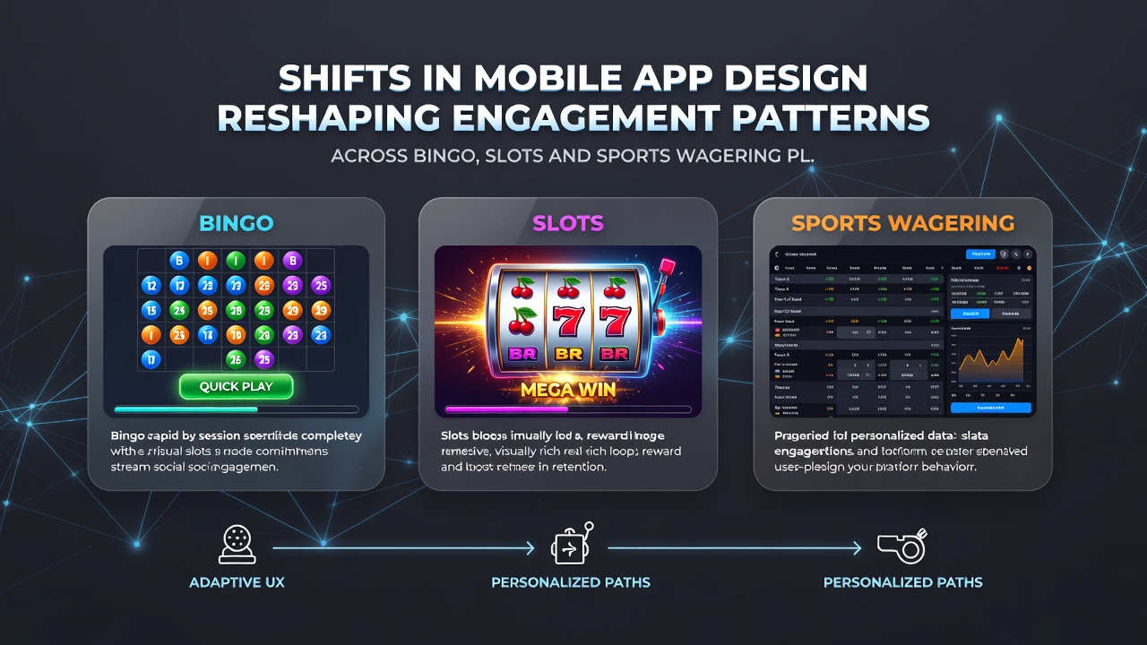 Close-up of sports wagering live odds screen alongside slots reel animation and bingo card interface on mobile devices