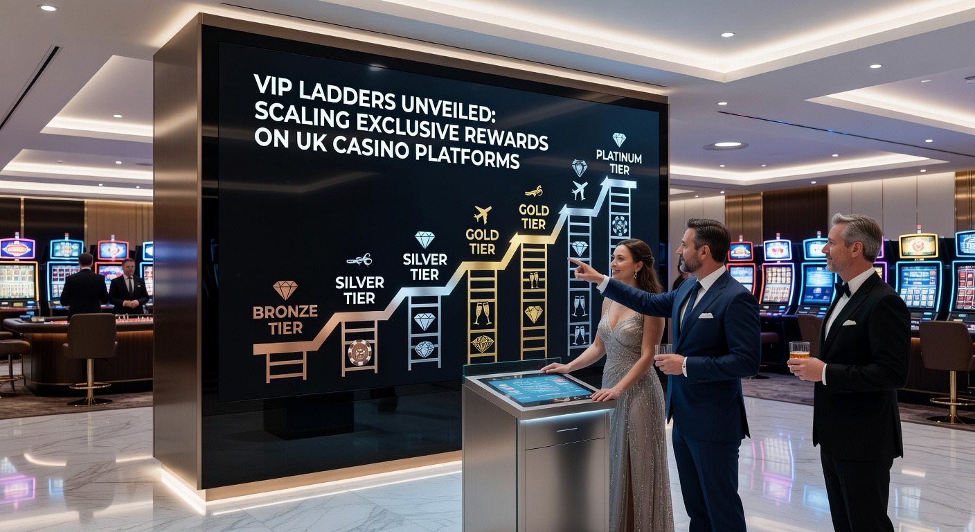 Close-up of a player character climbing a shimmering VIP ladder, surrounded by floating reward symbols including luxury watches, private jet icons, and overflowing trophy cases on a sleek UK casino interface