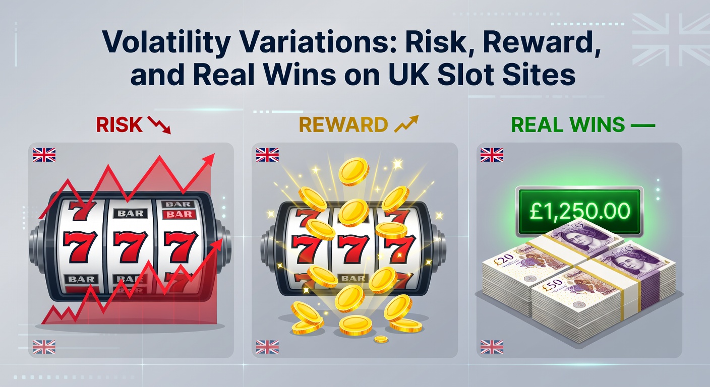 Graph comparing low, medium, and high volatility payout distributions over 1,000 spins, with UK slot icons and jackpot explosions
